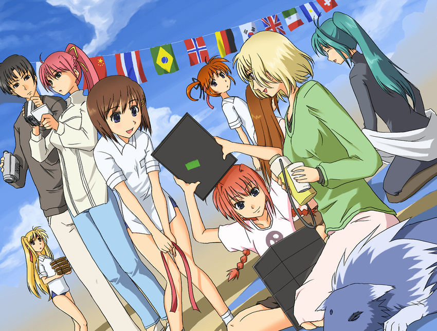 6+girls black_hair blonde_hair braid brown_hair camcorder closed_eyes dutch_angle fate_testarossa flag flags_of_all_nations forehead_jewel green_hair gym_uniform hair_ornament hair_ribbon lindy_harlaown long_hair lyrical_nanoha mahou_shoujo_lyrical_nanoha mahou_shoujo_lyrical_nanoha_a's multiple_girls obentou pantyhose pink_hair ponytail red_hair ribbon shamal short_hair signum string_of_flags takamachi_momoko takamachi_nanoha takamachi_shirou thermos twin_braids twintails vita wolf x_hair_ornament yagami_hayate zafira