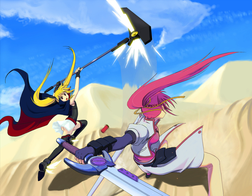 armor ass bardiche blonde_hair cape desert energy_blade fate_testarossa fingerless_gloves gloves hair_ribbon levantine long_hair lyrical_nanoha mahou_shoujo_lyrical_nanoha mahou_shoujo_lyrical_nanoha_a's multiple_girls no_panties pink_hair ponytail ribbon sand scythe signum skirt sword thighhighs twintails weapon