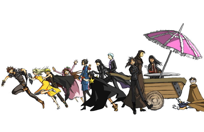 6+girls azalie_cait_sith black_hair blonde_hair bonnie_magee cart childman_powderfield cleo_everlastin constance_magee dorothy_magee-hauser dortin dress glasses highres keith_royal lathi_curti leki long_hair majic_lin majutsushi_orphen multiple_boys multiple_girls orphen pantyhose pullcart running volkan yuuki_(yuuki333)