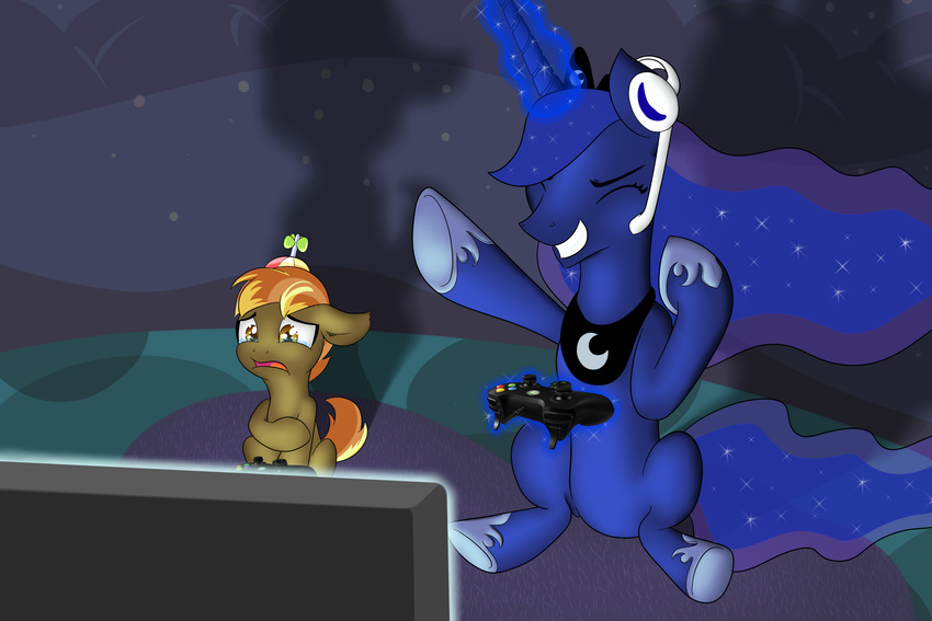 brown_fur brown_hair button_mash_(mlp) controller crown crying duo equine eyes_closed female feral friendship_is_magic fur game_controller game_pad gaming glowing hair headset horn horse long_hair magic male mammal microsoft multitasking my_little_pony open_mouth pony princess_luna_(mlp) propeller_hat royalty shadow sitting smile tears teeth television tongue video_games while_playing_videogame winged_unicorn wings xbox xonxt young
