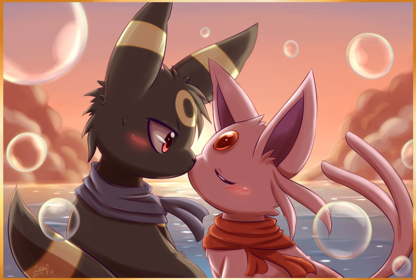 ambiguous_gender anime blush bubble bubbles canine cute eeveelution espeon eyes_closed feral ivan-jhang japanese kissing mammal nintendo outside pok&#233;mon pok&eacute;mon red_eyes scarf sea sunset sweat umbreon video_games water