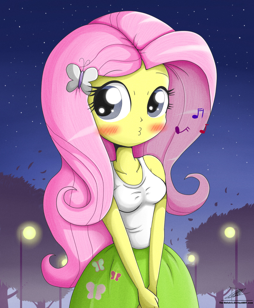 blue_eyes blush breasts clothed clothing cute cutie_mark equestria_girls female fluttershy_(eg) fluttershy_(mlp) friendship_is_magic hair lights long_hair my_little_pony night outside pink_hair skirt sky solo stars the-butch-x tree whistle whistling