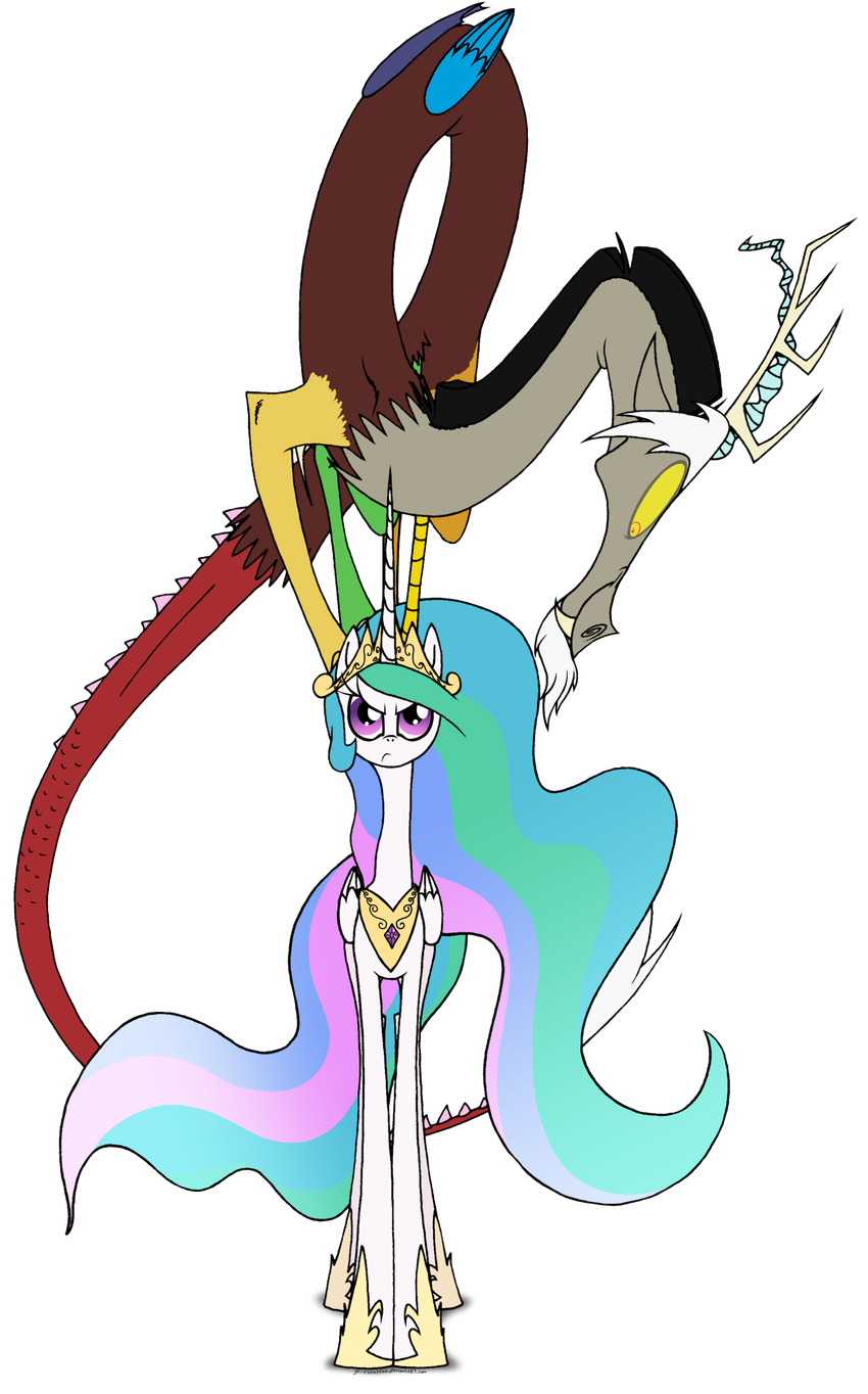 alpha_channel antler antlers crown discord_(mlp) draconequus duo equine female feral friendship_is_magic gold grievousfan hair hi_res horn horse male mammal multi-colored_hair my_little_pony necklace plain_background pony princess_celestia_(mlp) purple_eyes red_eyes transparent_background winged_unicorn wings