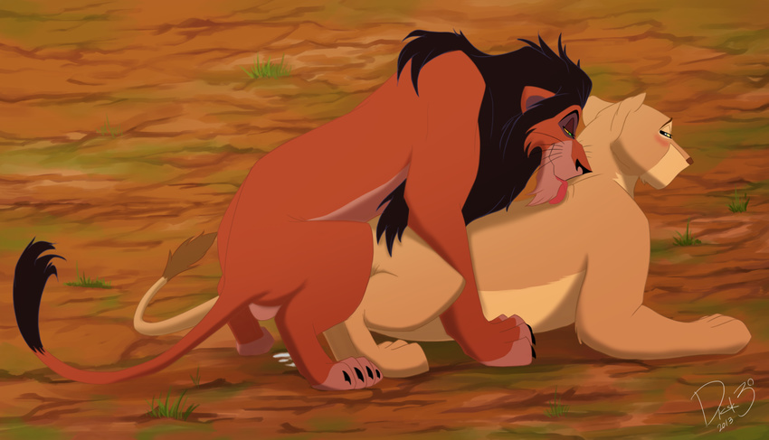 blush claws disney dksk30 duo feline female feral feral_on_feral grass green_eyes licking lion looking_back male mammal nala scar scar_(the_lion_king) sex smile straight the_lion_king tongue tongue_out