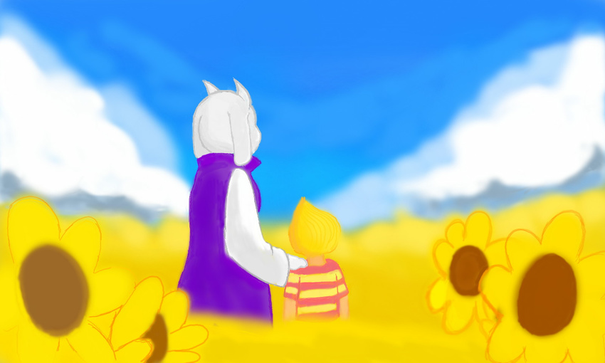 animal_ears anthro blonde_hair caprine clothed clothing cloud clouds crossover duo field flower fur goat hair horn human lucas male mammal meadow mother_3 outside paws skin sky standing sunflower toriel undertale vappyvap white_fur
