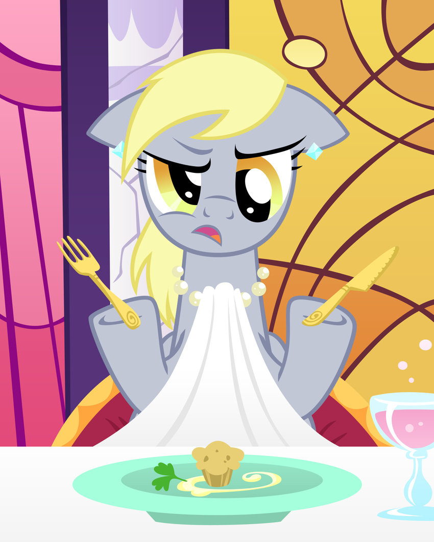 blonde_hair chair derpy_hooves_(mlp) ear_piercing equestria-prevails equine female feral food fork friendship_is_magic frown fur glass grey_fur hair horse knife long_hair looking_at_viewer mammal muffin my_little_pony napkin necklace open_mouth pegasus piercing plate pony solo tongue wings yellow_eyes
