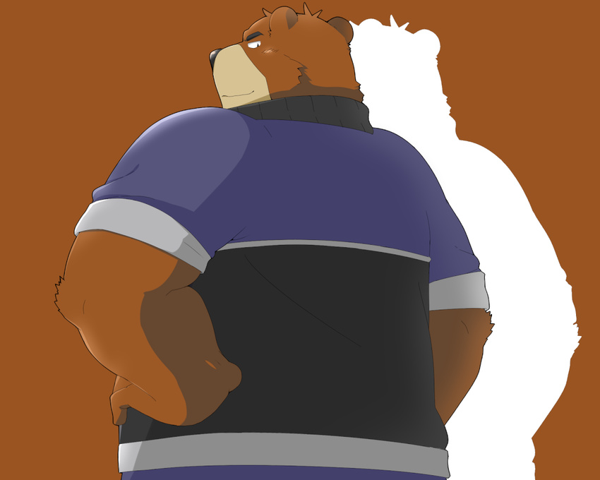bear beat_you_(artist) biceps big_muscles brown_background clothing coat fur grizzly_bear juuichi juuichi_mikazuki looking_at_viewer looking_back male mammal morenatsu muscles plain_background smile solo