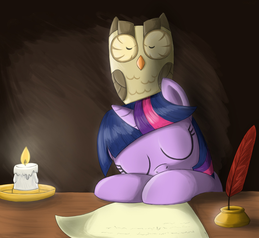 avian candle candlestick desk equine eyes_closed female feral friendship_is_magic hair horn horse inkwell mammal multi-colored_hair my_little_pony otakuap owl owlowiscious_(mlp) paper pony purple_hair quill sleeping twilight_sparkle_(mlp) unicorn wings