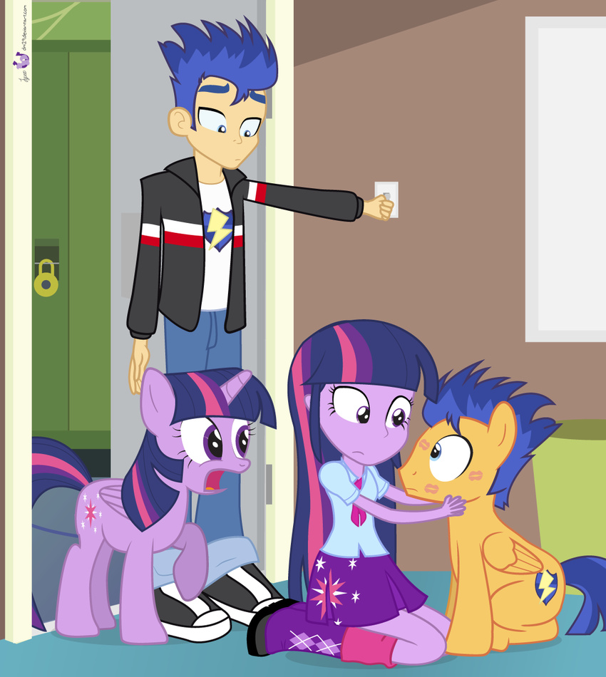 boots clothed clothing cutie_mark dm29 equestria_girls equine female feral flash_sentry_(eg) friendship_is_magic fur group hair horn horse kiss_marks mammal multi-colored_hair my_little_pony pegasus pony purple_eyes purple_fur purple_hair purple_skin shocked size_difference skirt smile square_crossover twilight_sparkle_(eg) twilight_sparkle_(mlp) twinkles winged_unicorn wings yellow_skin