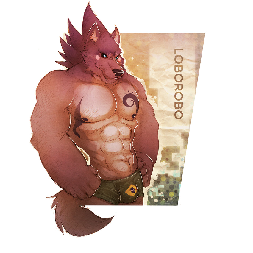 abs anthro bcokami biceps big_muscles blue_eyes boxers brazil brown_fur brown_nose bulge canine fangs fur grin male mammal muscles nipples pecs pose smile solo standing tattoo teeth toned topless underwear wolf