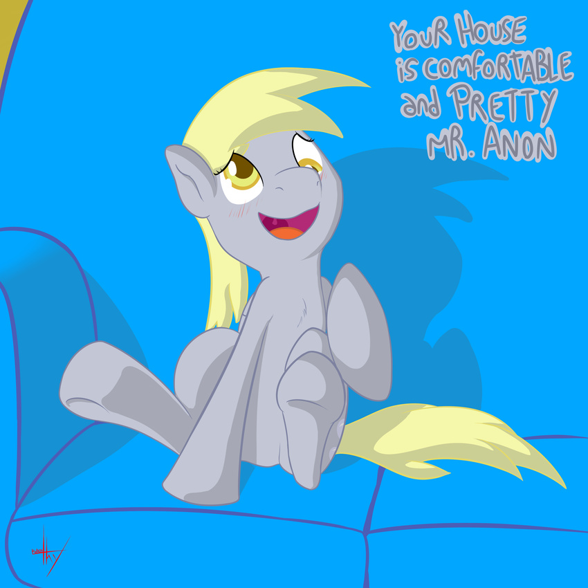 blonde_hair blush cute cutie_mark derpy_hooves_(mlp) english_text equine female feral friendship_is_magic fur grey_fur hair horse mammal mostazathy my_little_pony pegasus pony smile solo text wings yellow_eyes