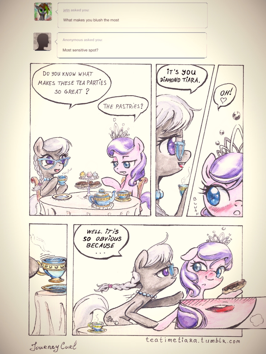 blue_eyes blush comic cub cup cupcake cutie_mark dialog diamond_tiara_(mlp) duo english_text equine eyewear female feral food friendship_is_magic fur glasses grey_fur group hair horse invalid_color journeycurl licking licking_lips mammal my_little_pony necklace pony silver_spoon_(mlp) tea teacup teapot text tiara tongue two_tone_hair young