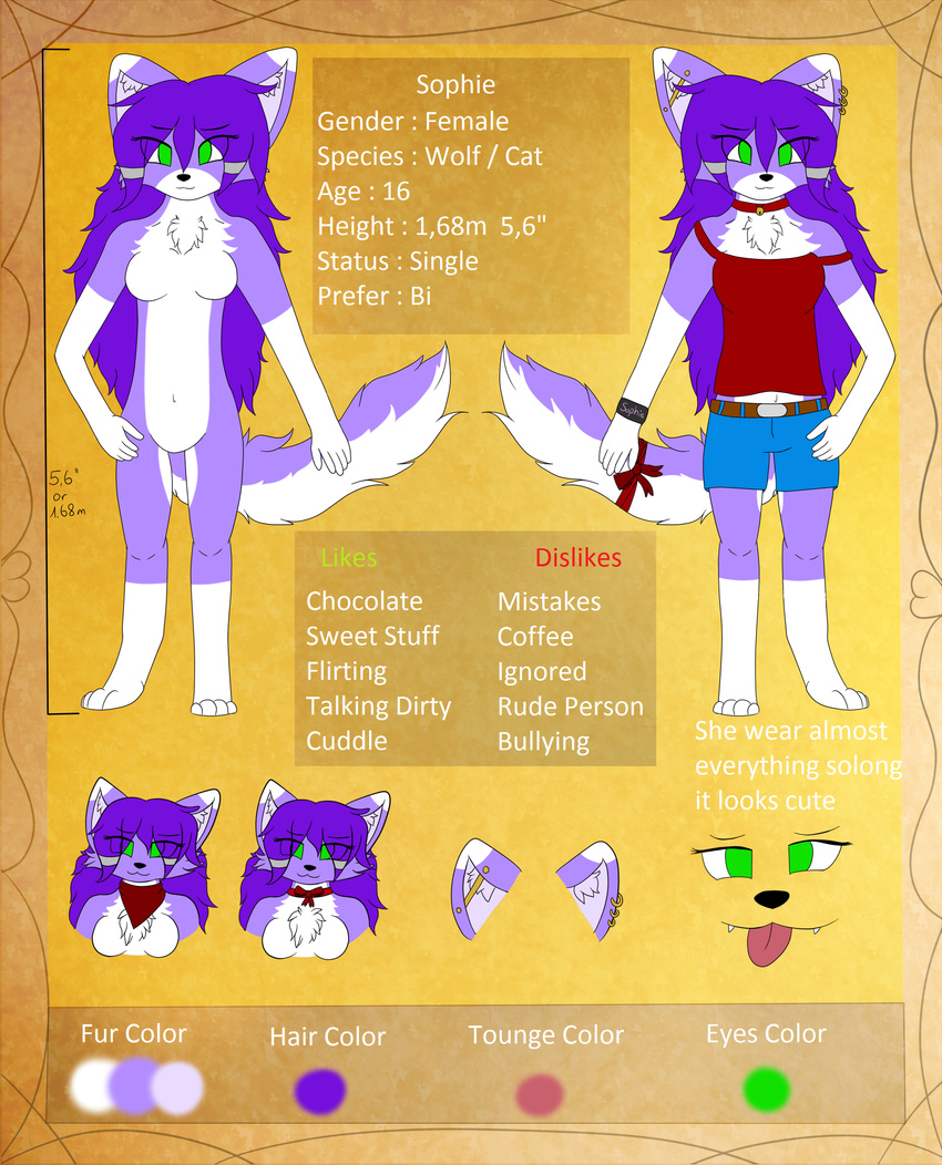 cat clothing ear_piercing feline female green_eyes hair hrwolf hybrid long_hair mammal model_sheet nude piercing purple_hair ref_sheet solo sophie tongue wolf