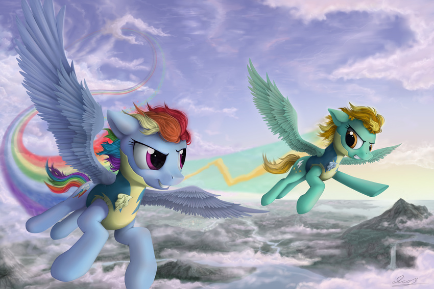 cloud cutie_mark duo equine female feral flying friendship_is_magic fur hair horse lightning_dust_(mlp) mammal my_little_pony pegasus pony purple_eyes rainbow_dash_(mlp) sky wings yakovlev-vad yellow_eyes