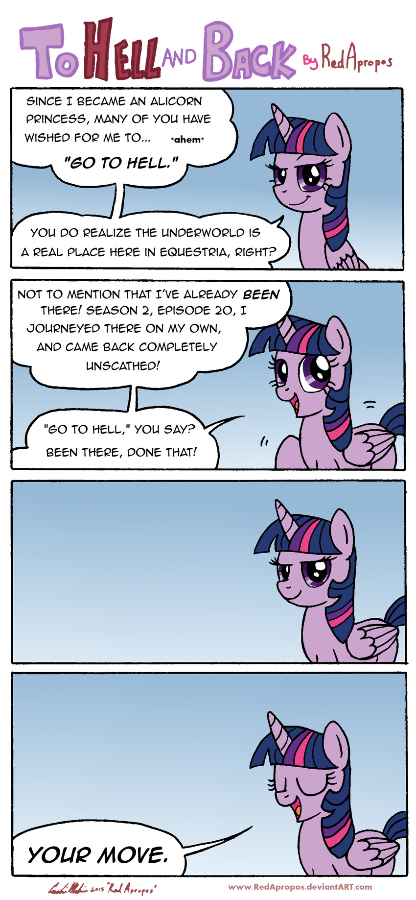 comic dialog english_text equine female feral friendship_is_magic hair horn horse looking_at_viewer mammal multi-colored_hair my_little_pony pony purple_eyes purple_hair redapropos smug text twilight_sparkle_(mlp) winged_unicorn wings