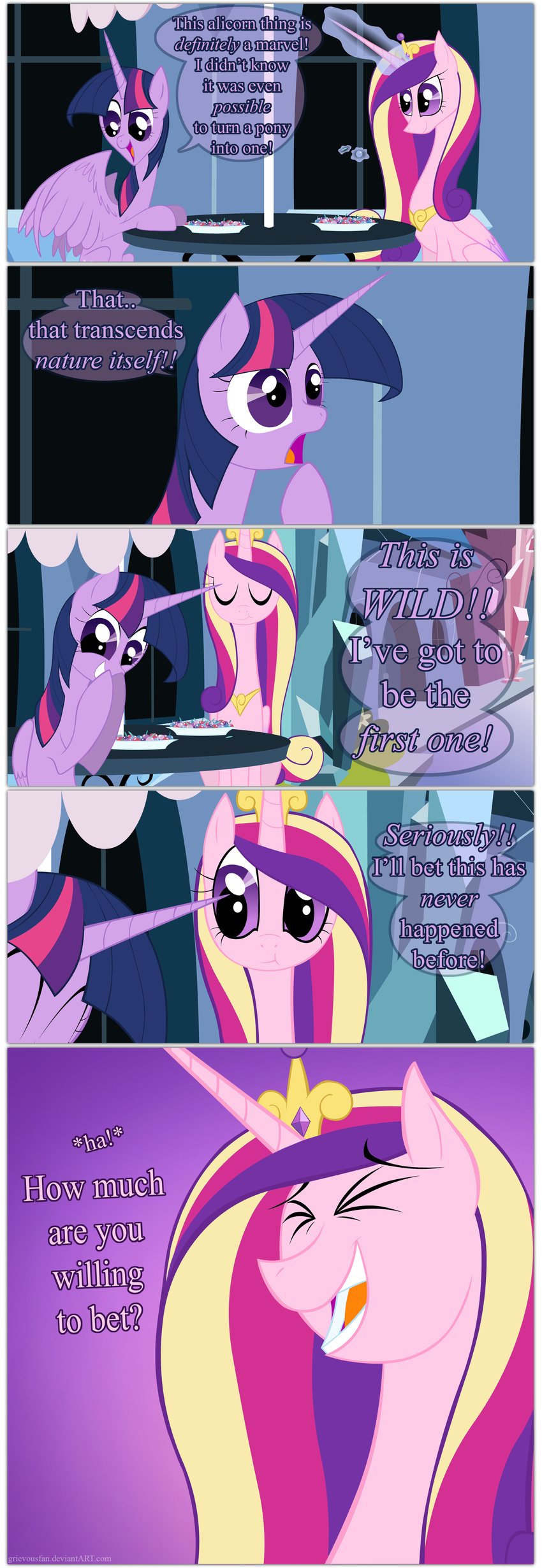 comic crown dialog english_text equine female friendship_is_magic glowing gold grievousfan hair horn horse laugh levitation magic mammal multi-colored_hair my_little_pony necklace plate pony princess_cadance_(mlp) purple_eyes sitting table text twilight_sparkle_(mlp) winged_unicorn wings