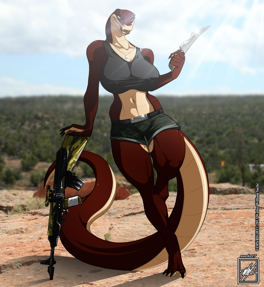 absurd_res big_breasts breasts claws clothed clothing female gun hi_res knife looking_at_viewer navel necklace photo_background raised_leg ranged_weapon reptile rifle scalie snake solo standing toe_claws walter_sache weapon yellow_eyes