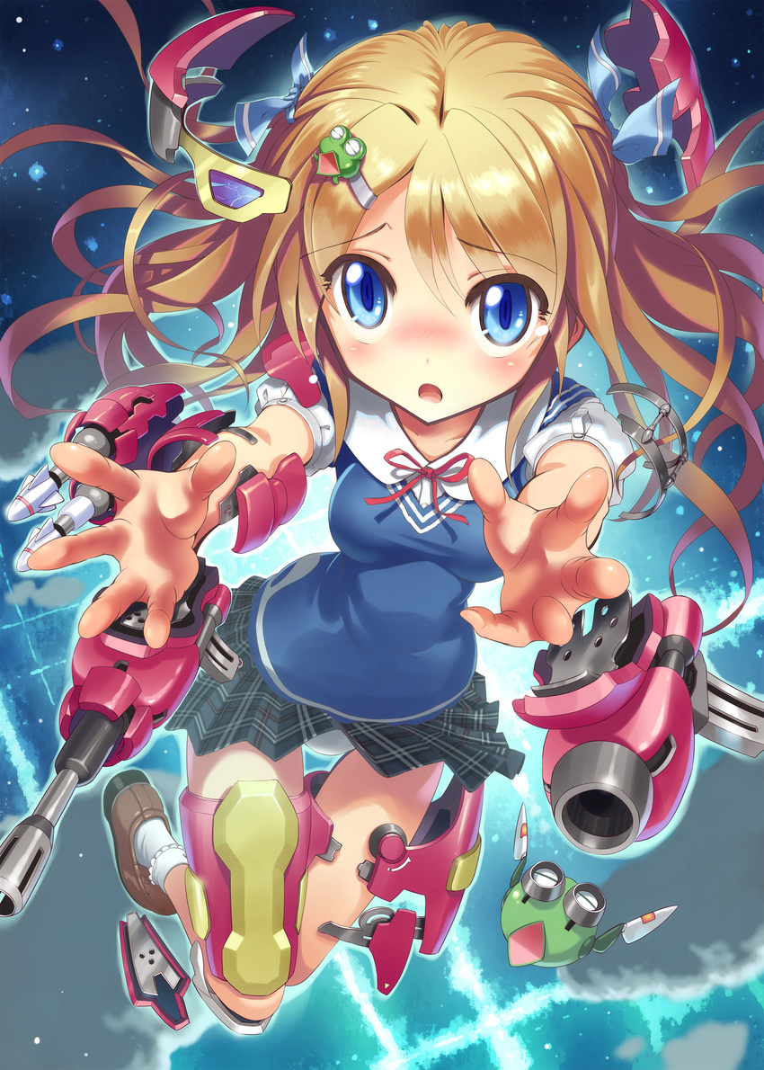 :o absurdres armor blonde_hair blue_eyes blush cannon city_lights cloud flying frog_hair_ornament hair_ornament hair_ribbon highres kankurou long_hair looking_at_viewer mecha_musume open_mouth original outstretched_arms panties pantyshot ribbon rocket_launcher school_uniform shirt short_sleeves skirt sky solo transformation twintails underwear very_long_hair weapon white_panties
