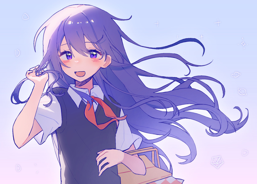 1girl :d basket black_sweater_vest blush collared_shirt elbow_carry hair_behind_ear highres holding holding_basket hrsw_mz long_hair looking_at_viewer mari_(headspace)_(omori) mari_(omori) neckerchief omori open_mouth picnic_basket purple_eyes purple_hair red_neckerchief shirt short_sleeves smile solo sweater_vest upper_body white_shirt wind