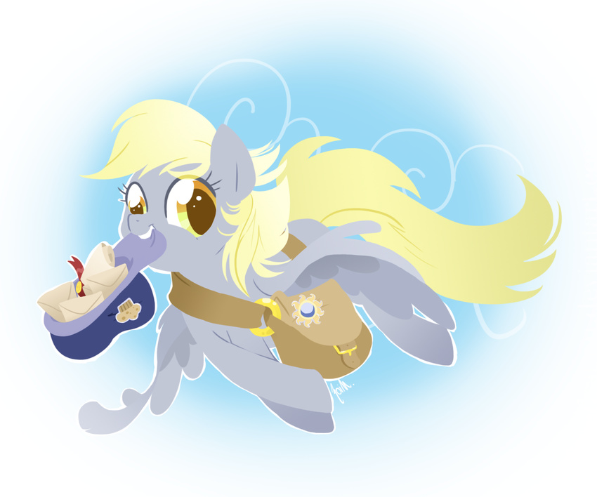 bag blonde_hair cloud cute derpy_hooves_(mlp) equine female feral food friendship_is_magic fur grey_fur hair hat horse letter long_hair looking_at_viewer mammal muffin my_little_pony outside pegasus pony sky smile solo teeth wings yellow_eyes zoithedragon