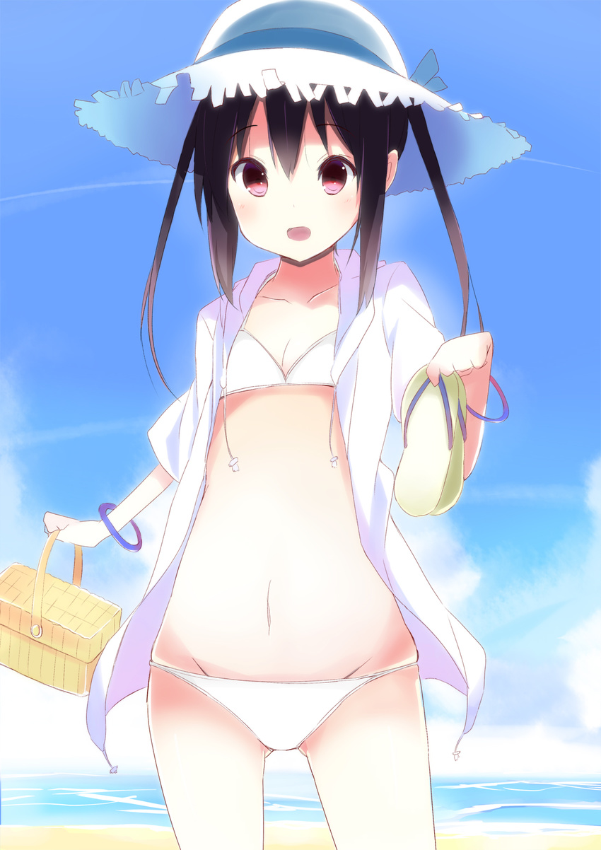 basket beach bikini black_hair day dress_shirt hat highres hood hoodie k-on! kokumu long_hair nakano_azusa open_clothes open_hoodie red_eyes shirt solo sun_hat swimsuit twintails