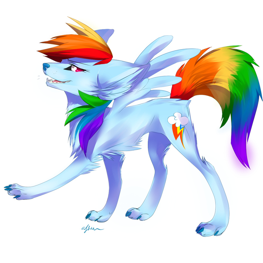 affanita alpha_channel ambiguous_gender big_ears blue_fur blue_nose canine cutie_mark feral friendship_is_magic fur hair looking_at_viewer mammal multi-colored_hair my_little_pony open_mouth paws plain_background rainbow_dash_(mlp) rainbow_hair red_eyes simple_background skinny solo teeth transparent_background wings wolf