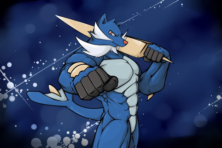 abs abstract_background amber_eyes anthro biceps big_muscles blue_background blue_body blue_fur fur handsome looking_at_viewer male mammal muscles mustelid nintendo otter pecs pink_nose plain_background pok&#233;mon pok&eacute;mon samurott standing sword video_games waddledox weapon white_fur