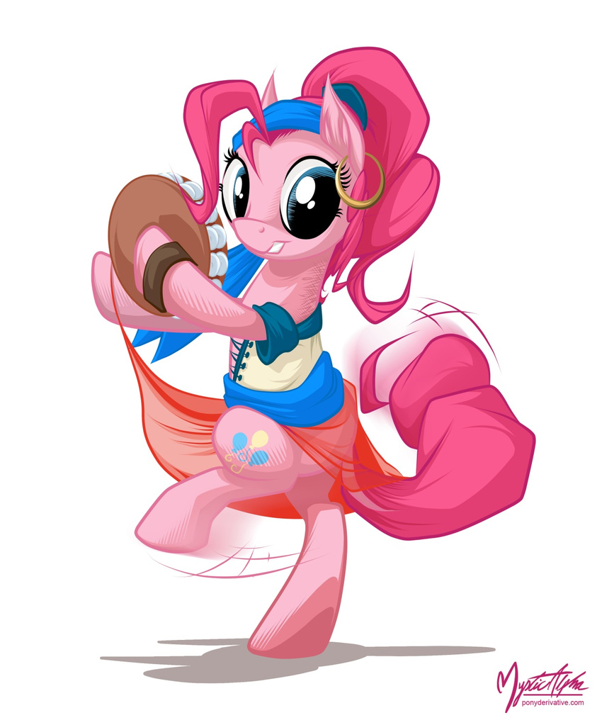 blue_eyes clothing cutie_mark dancing equine female friendship_is_magic gold gypsy horse looking_at_viewer mammal musical_instrument my_little_pony mysticalpha piercing pinkie_pie_(mlp) plain_background pony tambourine