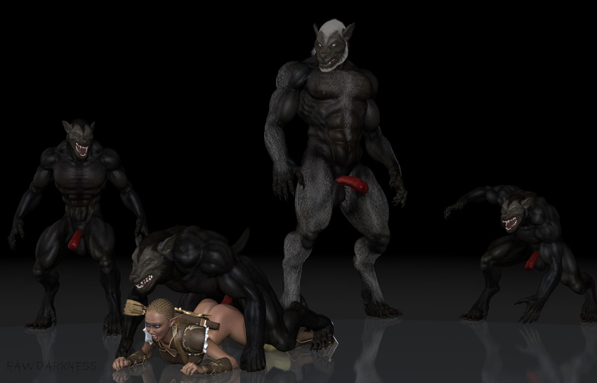 3d abs all_fours anthro balls biceps big_muscles black_fur black_nipples canine cgi doggystyle elf erection fangs female from_behind fur gangbang group group_sex human human_on_anthro humanoid_penis interspecies male mammal muscles nipples nude open_mouth pecs penis presenting rawdarkness red_penis sex sheath standing straight teeth tongue vein were werewolf wolf