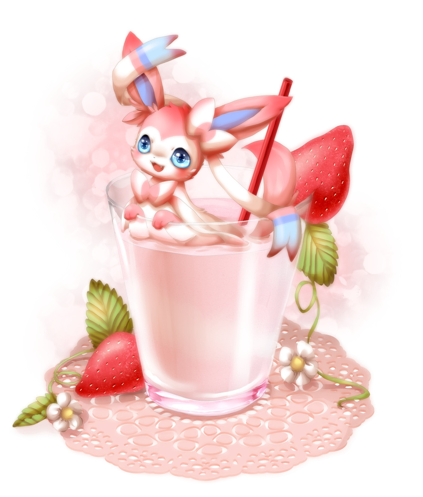 alice0701 ambiguous_gender blue_eyes blush drink eeveelution flower micro milkshake nintendo pok&#233;mon pok&eacute;mon straw strawberry sylveon video_games