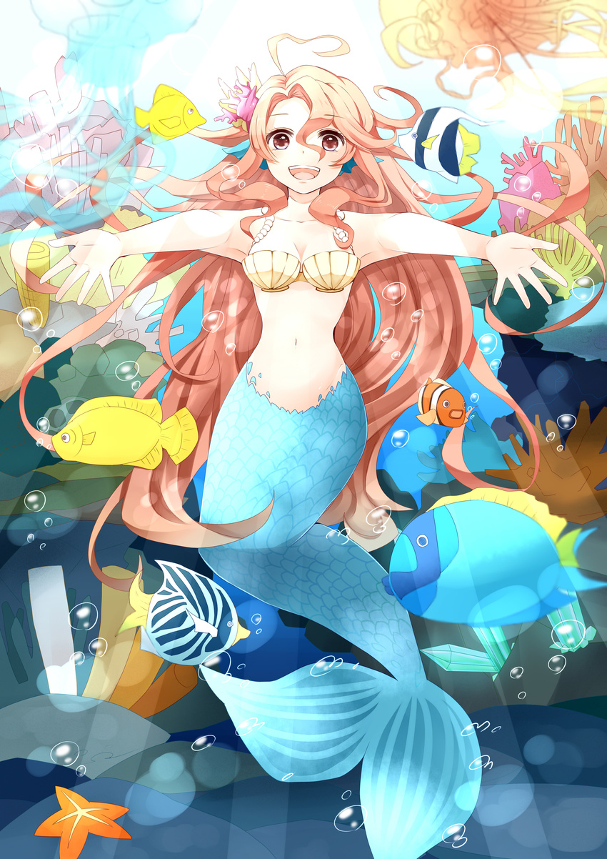 :d absurdres ahoge bad_id bad_pixiv_id breasts brown_hair cleavage coral fish heart_ahoge highres jellyfish long_hair medium_breasts mermaid monster_girl navel open_mouth original outstretched_arms red_eyes shell shell_bikini smile solo starfish tail underwater very_long_hair yuragiyura