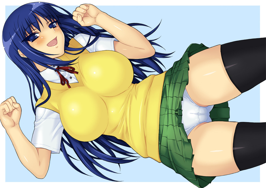 black_legwear blue_eyes blue_hair blush breasts cameltoe dress_shirt impossible_clothes impossible_shirt kurusugawa_ayaka large_breasts long_hair looking_at_viewer miniskirt open_mouth panties pantyshot pleated_skirt ribbon school_uniform shichimenchou shirt short_sleeves skindentation skirt solo sweater_vest thighhighs to_heart underwear white_panties