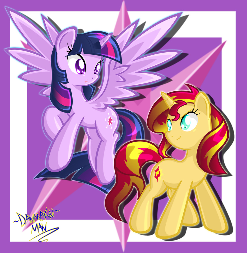 alpha_channel blonde_hair blue_eyes cutie_mark danmakuman duo equestria_girls equine female feral flying friendship_is_magic hair horn horse mammal my_little_pony plain_background pony purple_eyes red_hair sunset_shimmer_(eg) transparent_background twilight_sparkle_(mlp) two_tone_hair unicorn winged_unicorn wings