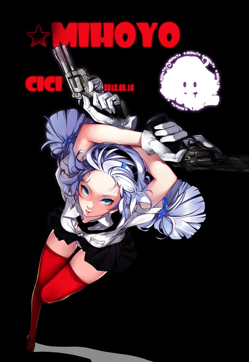 2012 arms_up blue_eyes cici dated downblouse dual_wielding forehead from_above gloves gun hair_ornament hairband hairclip handgun highres holding leg_up looking_at_viewer necktie original panties pantyshot pink_panties pleated_skirt polka_dot polka_dot_panties red_legwear revolver shadow silver_hair skirt solo thighhighs underwear weapon wind wind_lift