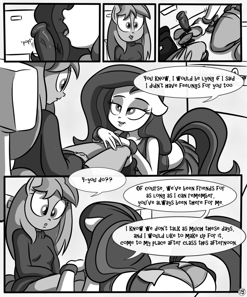anthro black_and_white breasts butt comic dialog dildo english_text equine female hair horse killryde lesbian lust_from_afar mammal monochrome my_little_pony pony sex_toy sitting text