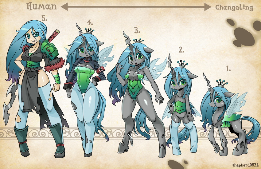 animal_ears aqua_hair armband armor artist_name breasts chain cleavage clenched_hand commentary crown directional_arrow english english_commentary eyeshadow green_eyes green_leotard hand_on_hip highres hooves horn insect_girl insect_wings jacket large_breasts leotard long_hair looking_at_viewer makeup my_little_pony my_little_pony_friendship_is_magic open_mouth parted_lips pegasus personification pony queen_chrysalis shepherd0821 smile standing sword tail thigh_gap thighhighs torn_clothes torn_legwear unicorn weapon wings wristband