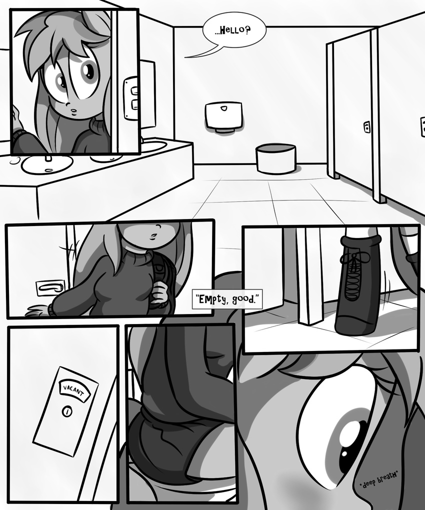 anthro black_and_white blush breasts comic dialog english_text equine female greyscale hair horse killryde lust_from_afar mammal monochrome my_little_pony plain_background pony restroom sitting solo sweater text white_background