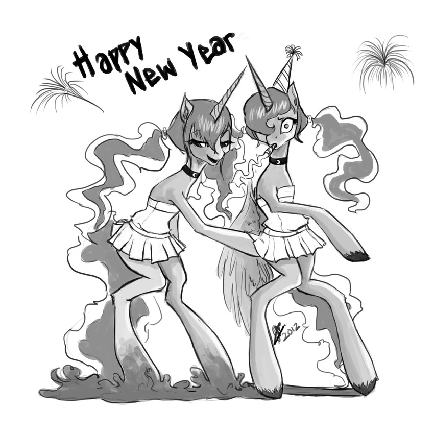 female fetlocks fireworks friendship_is_magic hair hooves horn horse lesbian long_hair mammal monochrome my_little_pony open_mouth party_hat party_horn pigtails pony princess_luna_(mlp) relydazed selfcest skirt square_crossover standing surprise winged_unicorn wings