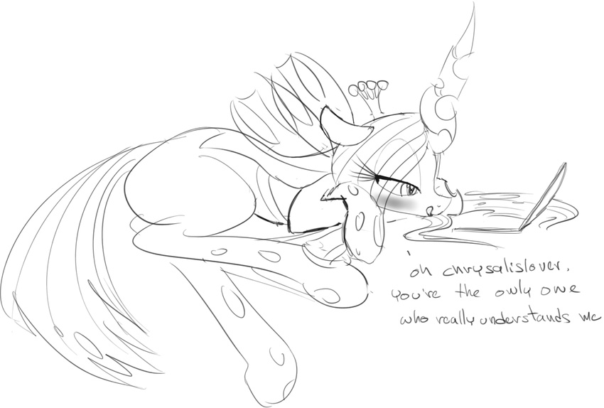 changeling computer crown female feral friendship_is_magic hair horn laptop licking licking_lips long_hair lying monochrome my_little_pony on_side queen_chrysalis_(mlp) sketch solo tongue tongue_out wings zev