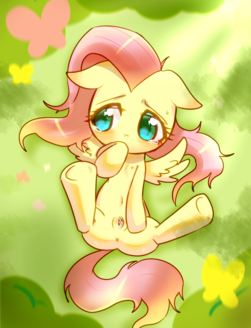 araragi_natsuki blush censored cute cyan_eyes equine feathers female feral floppy_ears fluttershy_(mlp) friendship_is_magic horse looking_away mammal my_little_pony outside pegasus pointless_censoring pony pussy shy solo spread_legs spread_pussy spreading tears wing_boner wings young