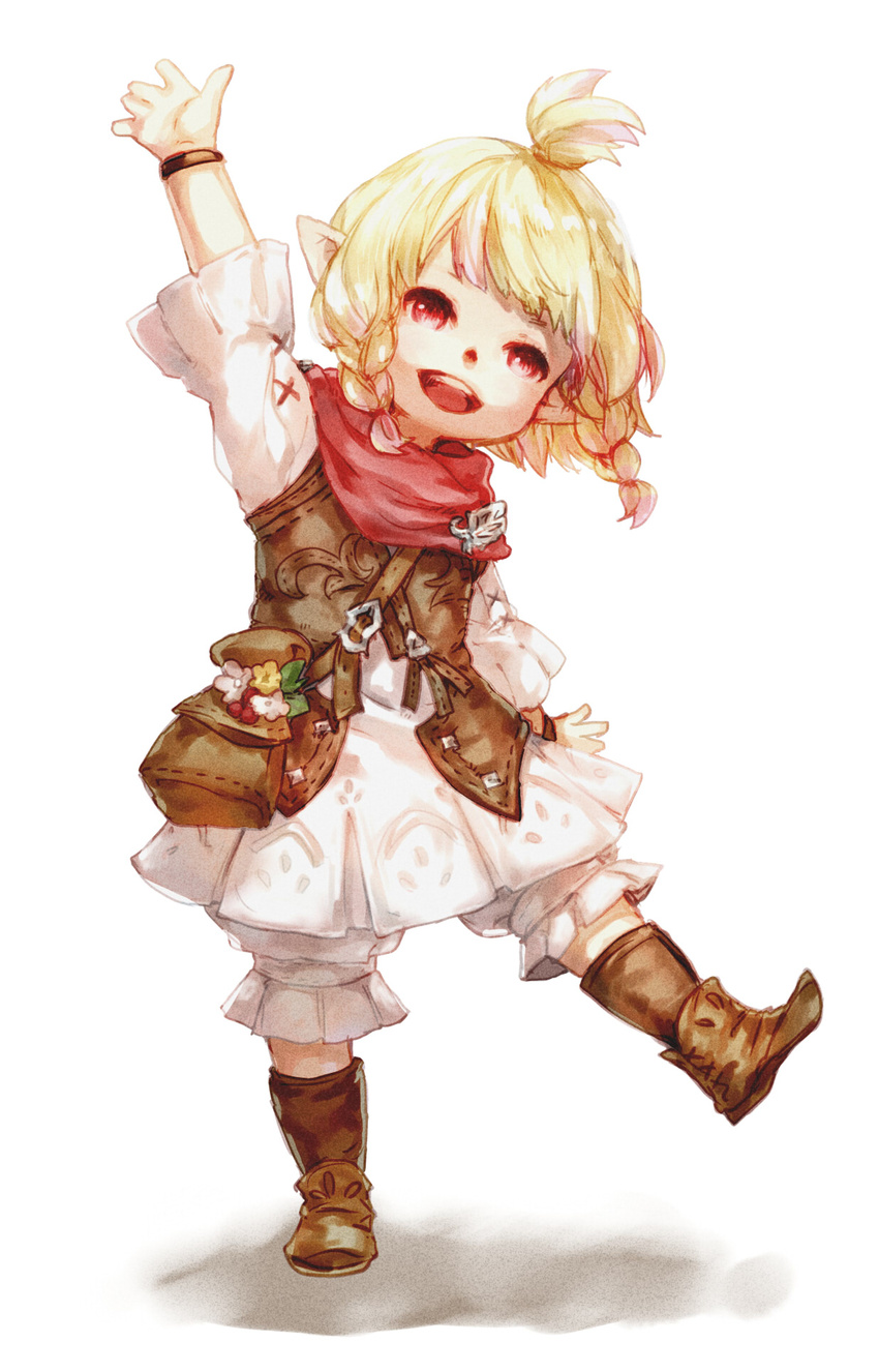 ameiro blonde_hair boots bracelet braid final_fantasy final_fantasy_xiv flower highres jewelry lalafell neckerchief open_mouth pointy_ears pouch red_eyes skirt smile solo standing standing_on_one_leg topknot twin_braids waving