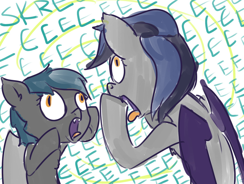 bat duo equine female fur grey_fur hair horse hybrid mammal my_little_pony open_mouth original_character pony tongue two_tone_hair unknown_artist wings