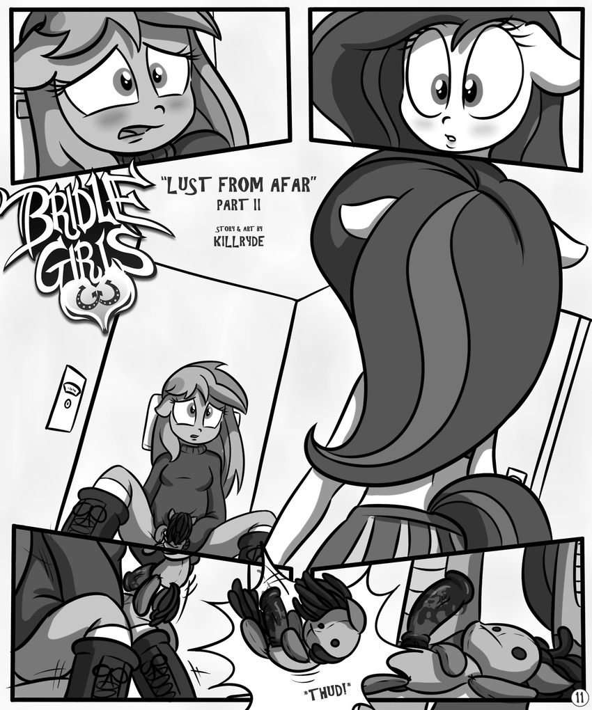anthro black_and_white blush breasts caught comic dildo english_text equine female hair horse killryde lust_from_afar mammal masturbation monochrome my_little_pony penetration pony sex_toy spread_legs spreading text vaginal vaginal_penetration
