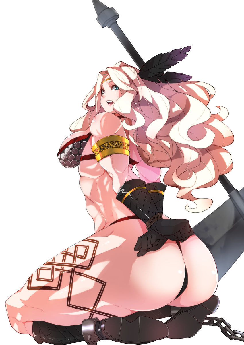 absurdres amazon_(dragon's_crown) armlet ass axe bikini blonde_hair blue_eyes boots chain chained dragon's_crown feathers full_body highres long_hair looking_back makai muscle muscular_female restrained solo swimsuit tattoo thong_bikini weapon white_background