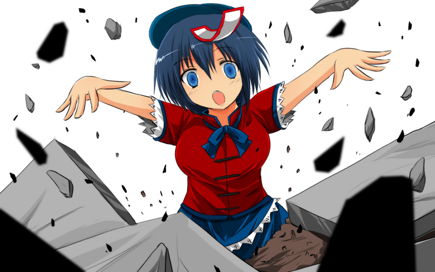 bad_id bad_pixiv_id blue_eyes blue_hair hat highres looking_at_viewer miyako_yoshika nekominase ofuda open_mouth outstretched_arms short_hair skirt solo touhou zombie_pose