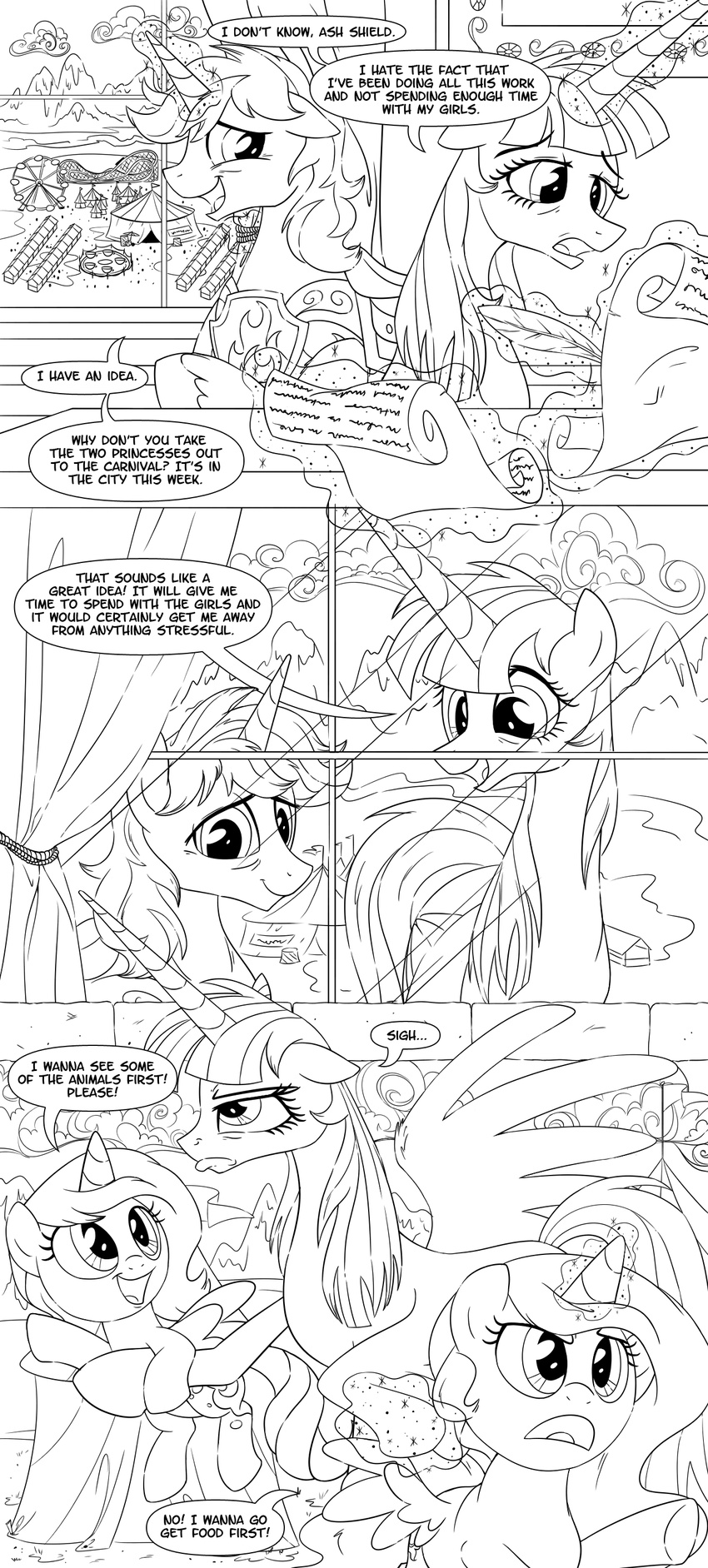 black_and_white carnival comic cub curtains cutie_mark equine female feral friendship_is_magic glowing group hair horn horse lauren_faust_(character) levitation magic mammal monochrome mountain my_little_pony pony princess_celestia_(mlp) princess_luna_(mlp) quill roller_coaster royal_guard_(mlp) scroll sketchyjackie sparkles tent tired window winged_unicorn wings young
