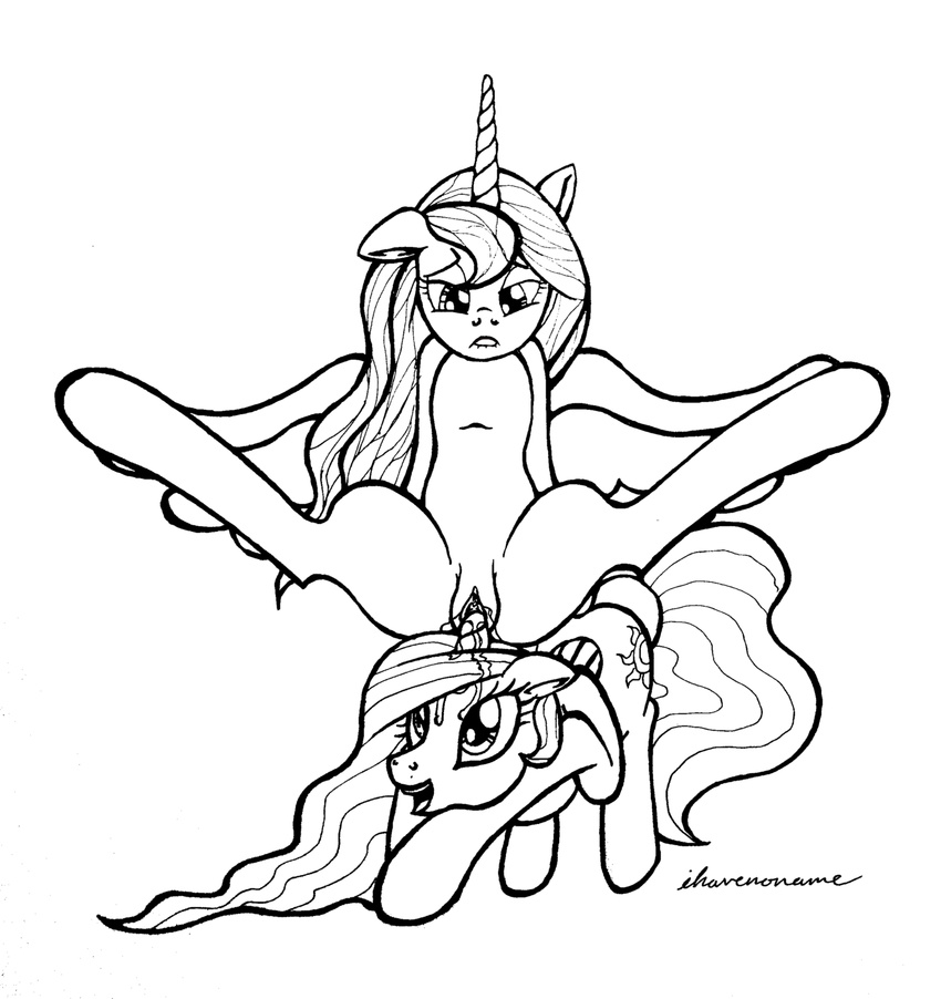 anus biting_lip crown cutie_mark duo english_text equine female feral friendship_is_magic horn horse ihavnoname improvised_dildo incest insertion lesbian looking_at_viewer looking_back mammal monochrome my_little_pony oral oral_sex penetration plain_background pony princess_celestia_(mlp) princess_luna_(mlp) pussy pussy_juice sex sibling sisters text tongue vaginal vaginal_insertion vaginal_penetration white_background winged_unicorn wings