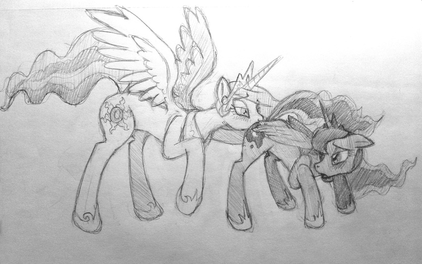 blush crown cutie_mark duo equine female feral friendship_is_magic horn horse ihavnoname incest lesbian looking_back mammal monochrome my_little_pony oral oral_sex pony princess_celestia_(mlp) princess_luna_(mlp) sex sibling sisters sketch traditional_media winged_unicorn wings