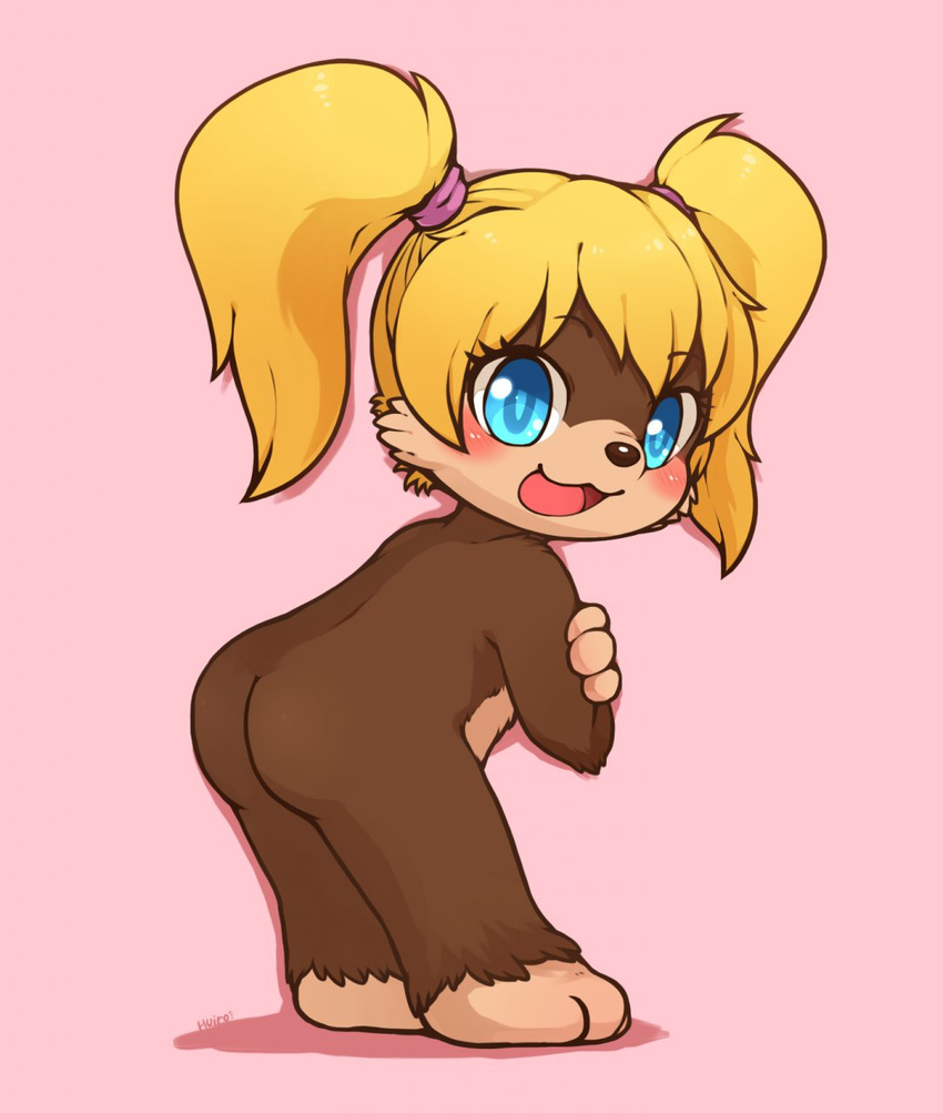 banjo-kazooie bear blonde_hair blue_eyes blush brown_fur butt cub female fur hair huiro mammal pink_background plain_background solo tooty young