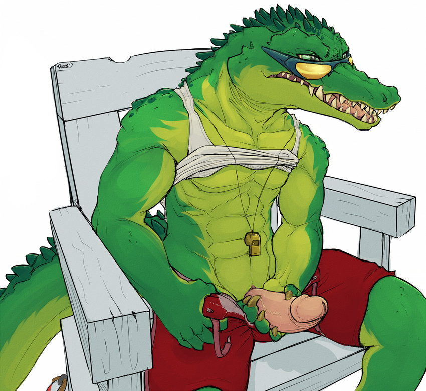 5_fingers abs alligator anthro bald biceps big_muscles big_penis chair claws cloaca clothed clothing crocodile erection eyewear fangs glasses green_eyes green_skin half-dressed handsome hi_res holding_penis horn humanoid_penis league_of_legends lifeguard lizard male manly masturbation muscles open_fly open_mouth partially_clothed pecs penis penis_grab penis_through_fly pink_penis pink_skin plain_background poking_out pose presenting razr renekton reptile scales scalie shadow sharp_teeth sheath shirt shirt_lift shorts sitting skin slit solo spread_legs spreading squint sunglasses swimsuit tank_top teeth toned tongue vein video_games whistle white_background wood yellow_eyes